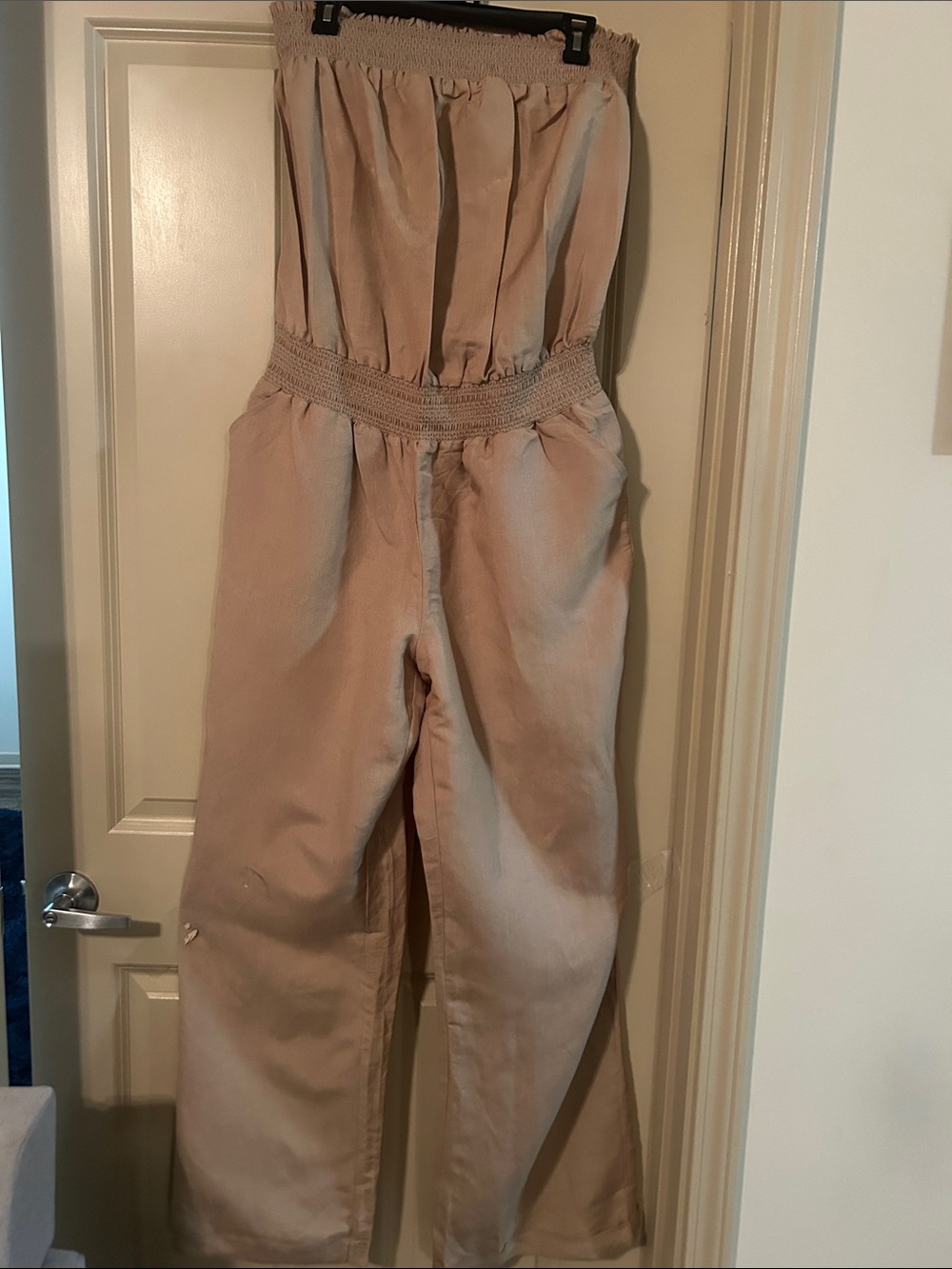 Ashley Stewart Tan Strapless Linen-Blend Jumpsuit